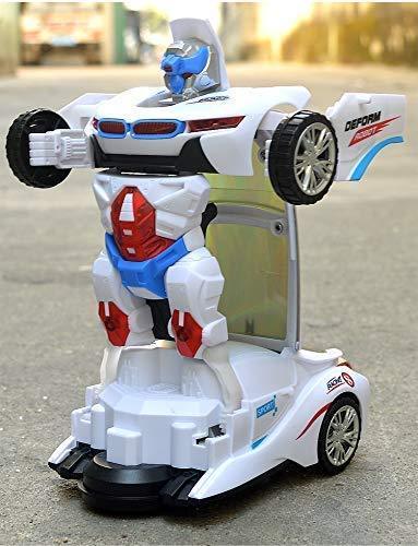 Robot Sports Car Toy with Convertible Robot with Lights, Music & Bump & Go Function for Kids, White