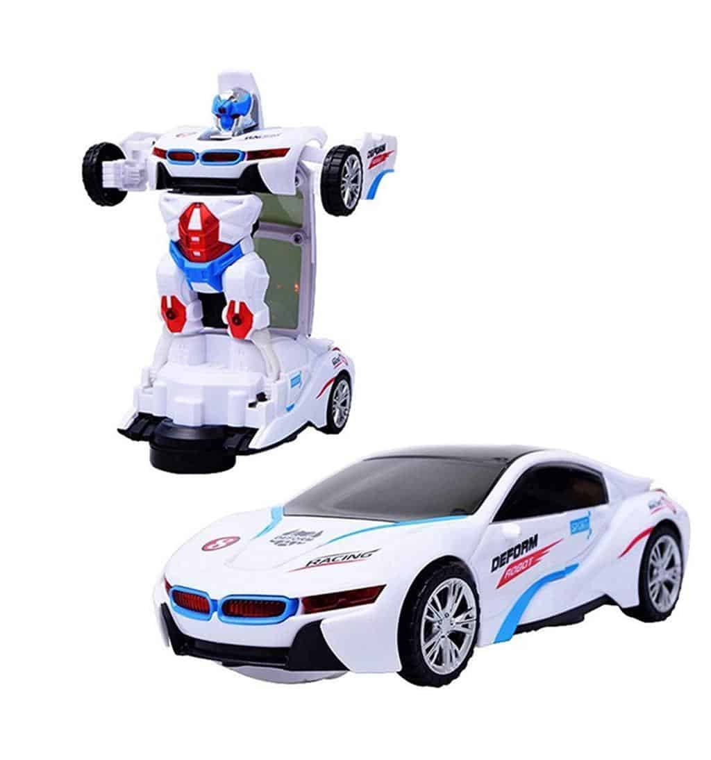 Robot Sports Car Toy with Convertible Robot with Lights, Music & Bump & Go Function for Kids, White