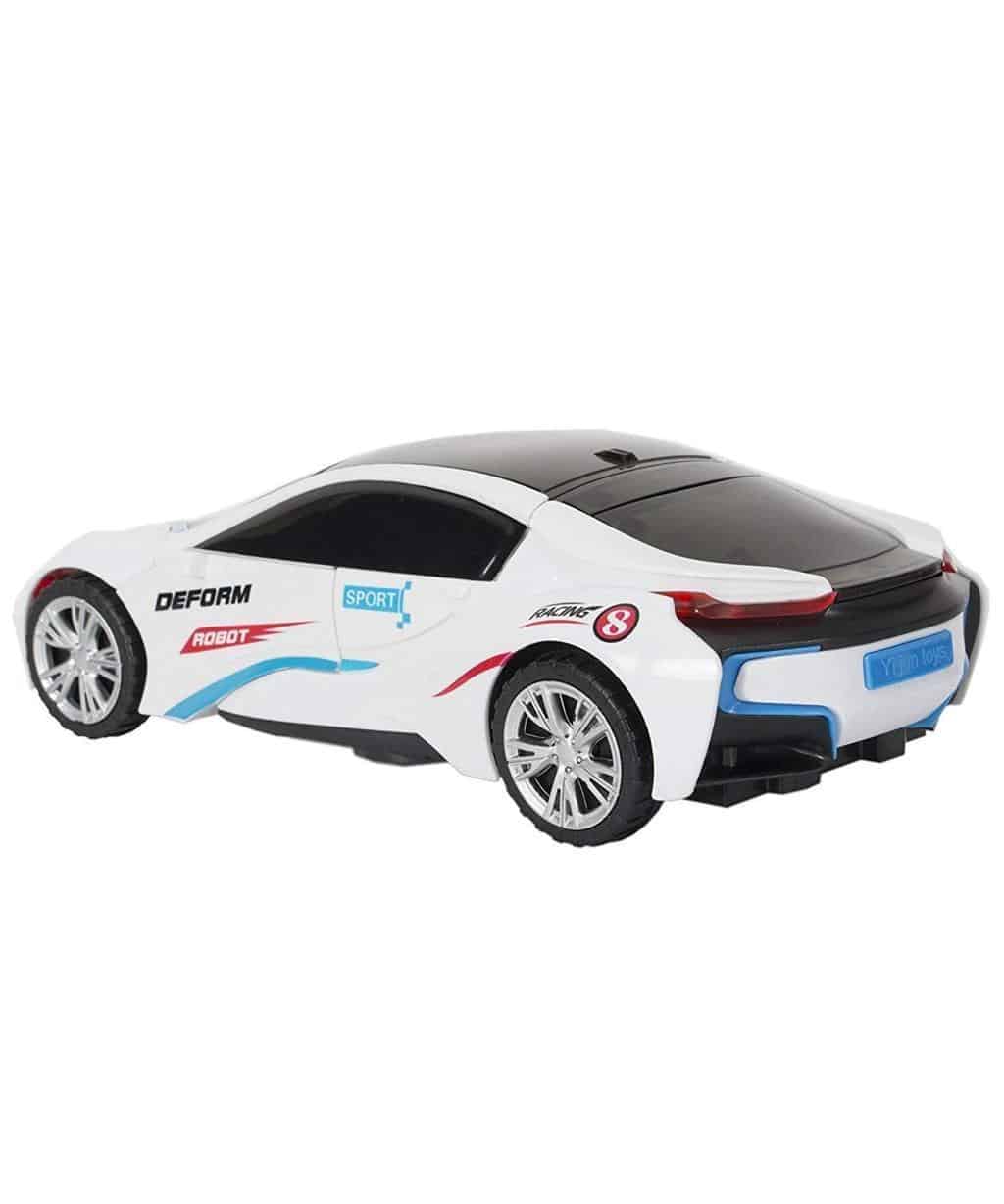 Robot Sports Car Toy with Convertible Robot with Lights, Music & Bump & Go Function for Kids, White
