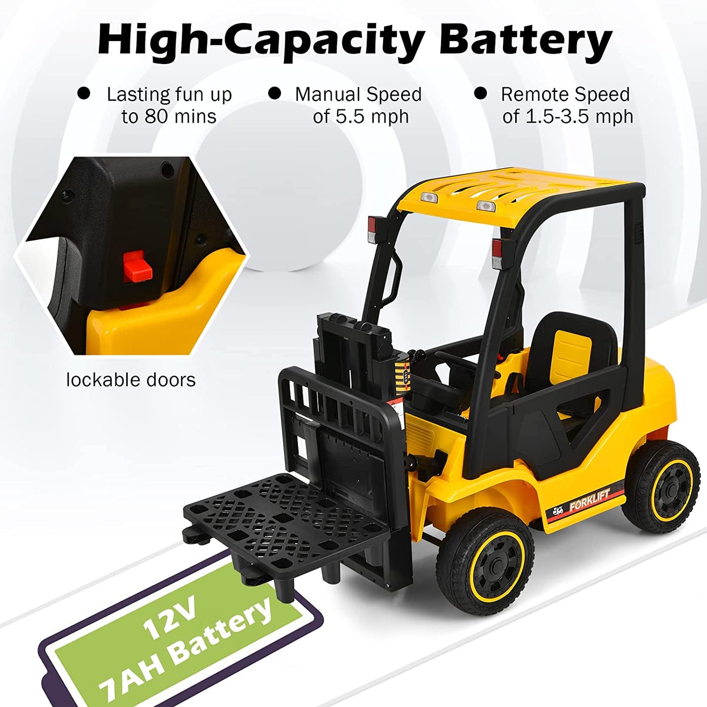 12V Kids Forklift with Remote Control | Openable Door | Storage Trunk | Electric toy Construction Vehicle