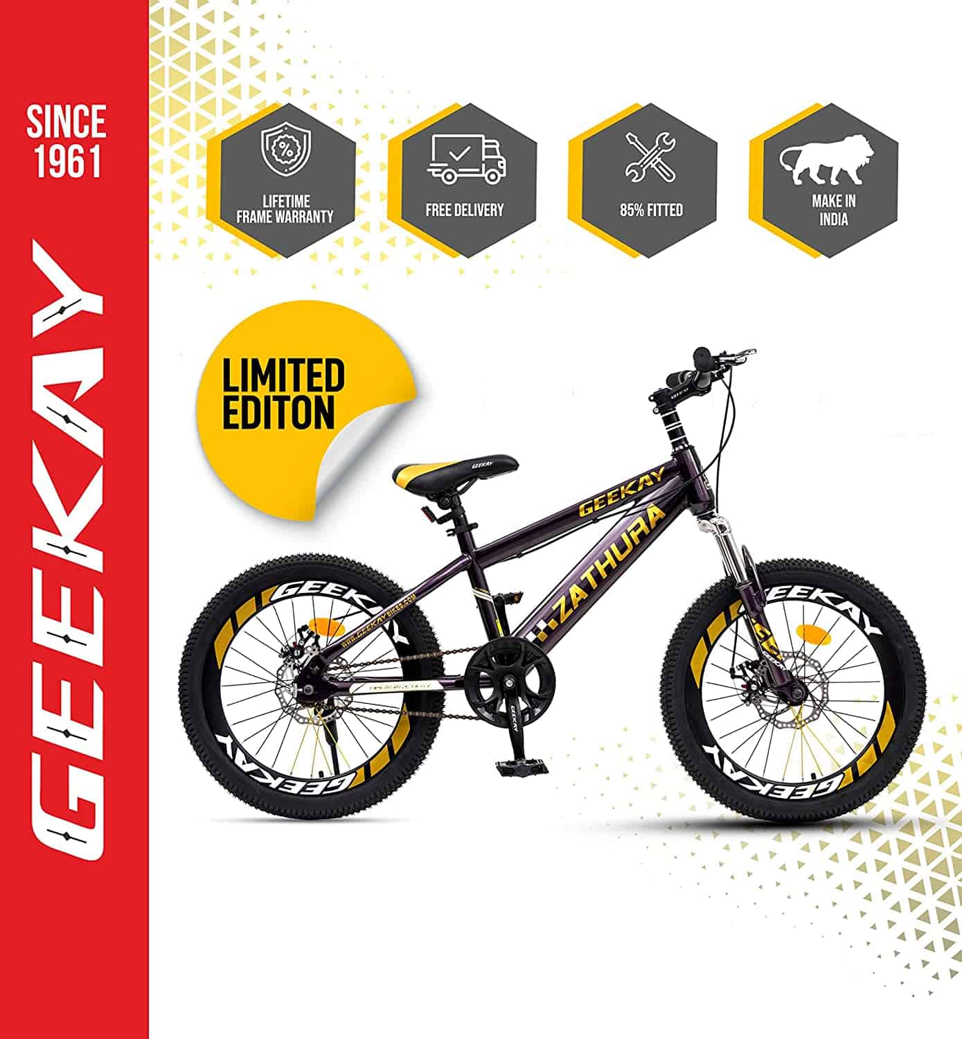 Geekay Kids Cycle 20 inch non gear wheel for boys girls Bicycle | Single Speed bmx kids mountain bike for 7 to 10 year | Ideal height 3'9" to 4'.3" kids | Latest 2 Tone Sparkle Color Finish 85% Fitted bike | Zathura 20" Unisex Cycle