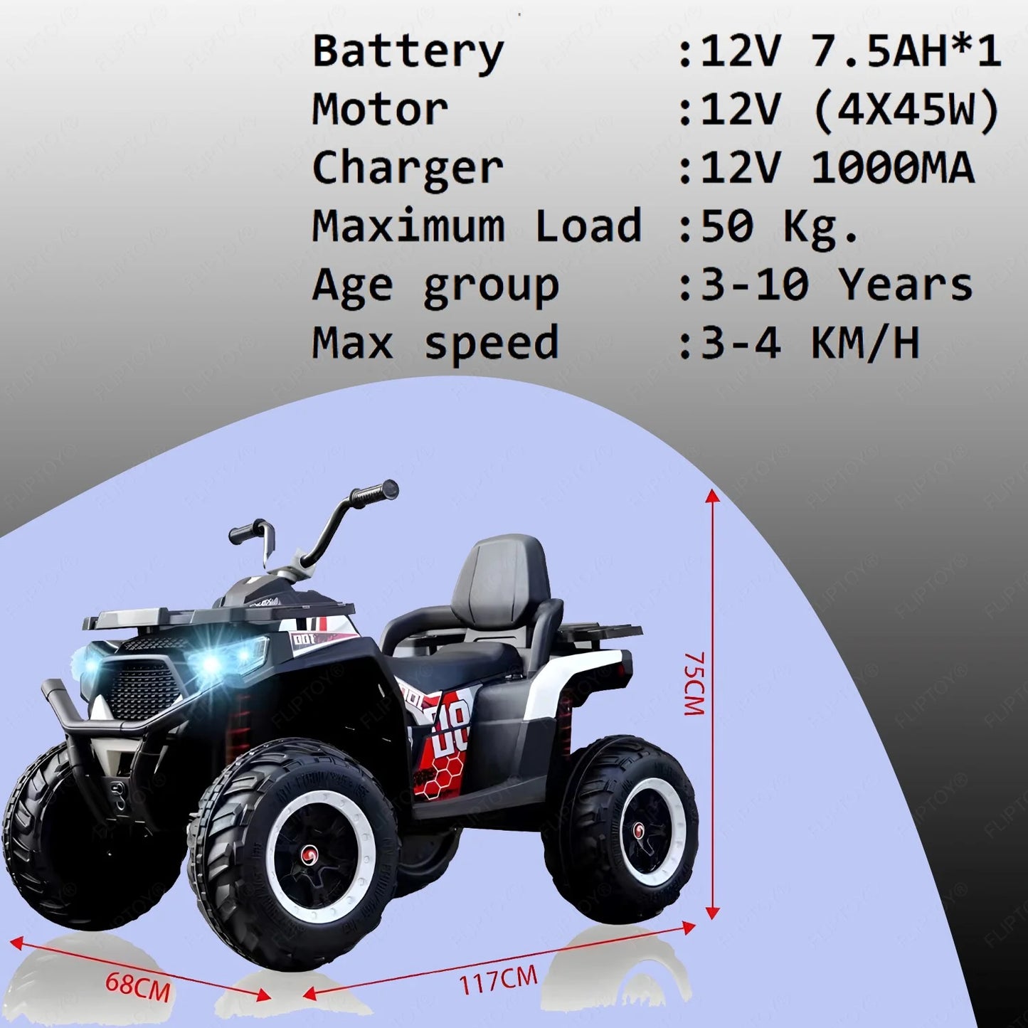 Fliptoy® Adventura ATV 12V Rechargeable Battery-Operated Ride on Bike for Kids Bike with Light, USB, Music. with -Rubber tires