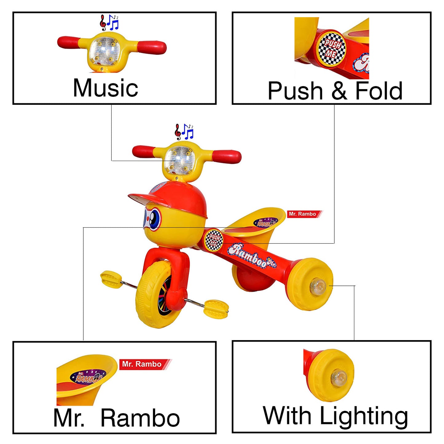 Panda Mr. Rambo Baby Tricycle Ride On Bicycle - Foldable Rider with Music & Lights