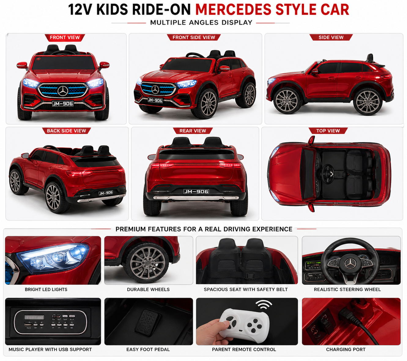12V Kids Ride-On Mercedes Style Car with Remote Control, Rechargeable Battery, Music Player USB, Electric Toy Car for Kids (1–7 Years)