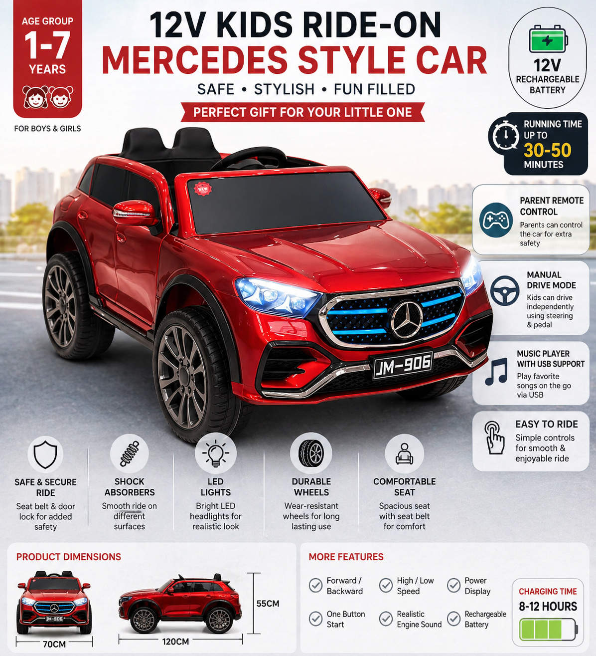 12V Kids Ride-On Mercedes Style Car with Remote Control, Rechargeable Battery, Music Player USB, Electric Toy Car for Kids (1–7 Years)