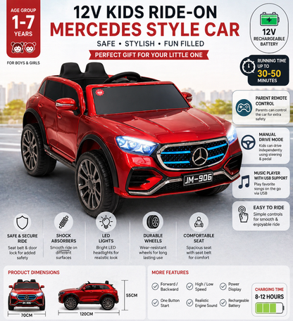 12V Kids Ride-On Mercedes Style Car with Remote Control, Rechargeable Battery, Music Player USB, Electric Toy Car for Kids (1–7 Years)