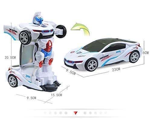 Robot Sports Car Toy with Convertible Robot with Lights, Music & Bump & Go Function for Kids, White