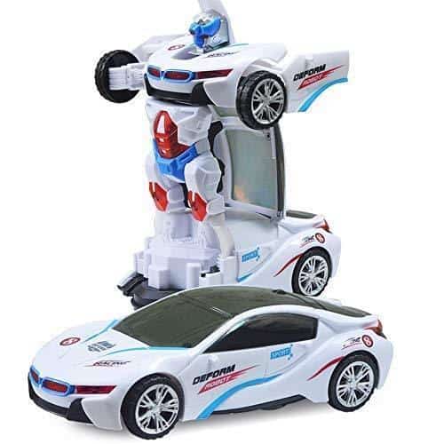 Robot Sports Car Toy with Convertible Robot with Lights, Music & Bump & Go Function for Kids, White