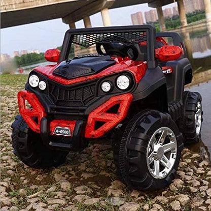 A 6500 Kids Ride on Jeep with 12V Rechargeable Battery, Music, Lights and Remote Control, Red