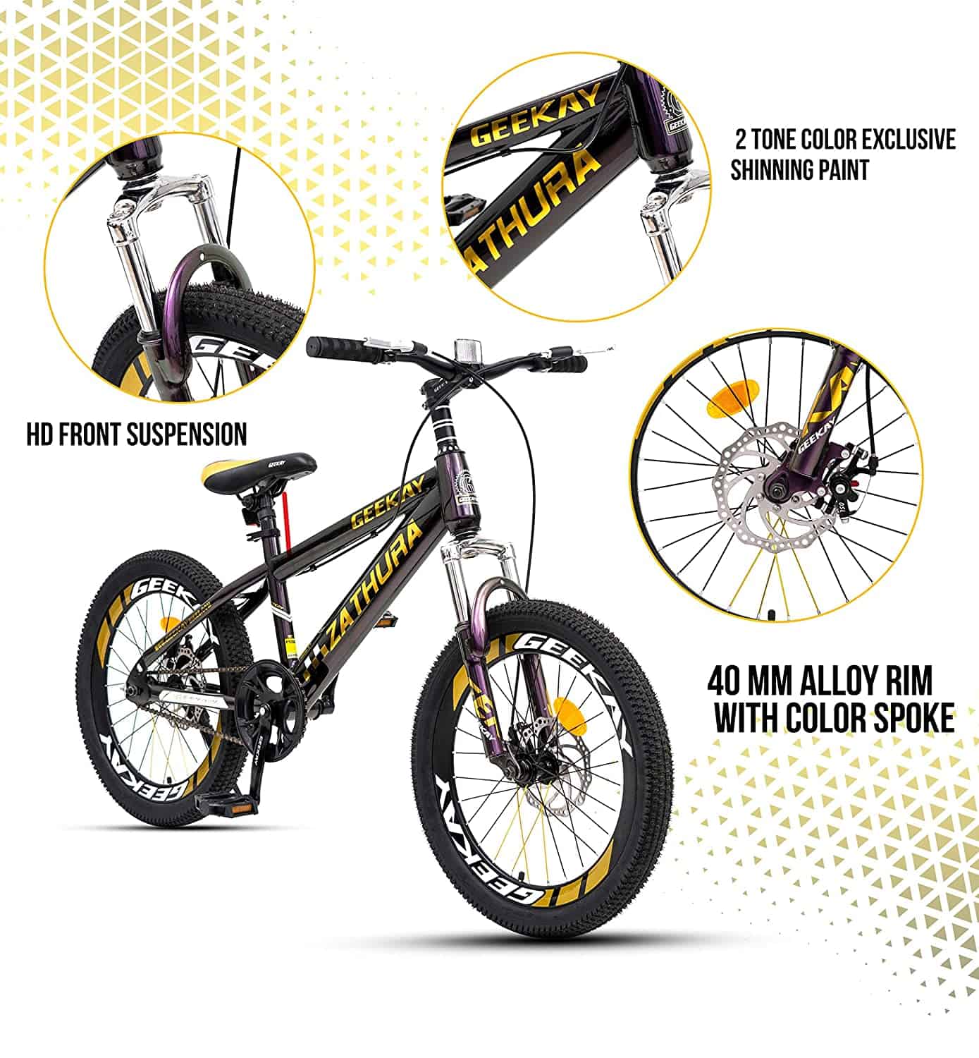 Geekay Kids Cycle 20 inch non gear wheel for boys girls Bicycle | Single Speed bmx kids mountain bike for 7 to 10 year | Ideal height 3'9" to 4'.3" kids | Latest 2 Tone Sparkle Color Finish 85% Fitted bike | Zathura 20" Unisex Cycle