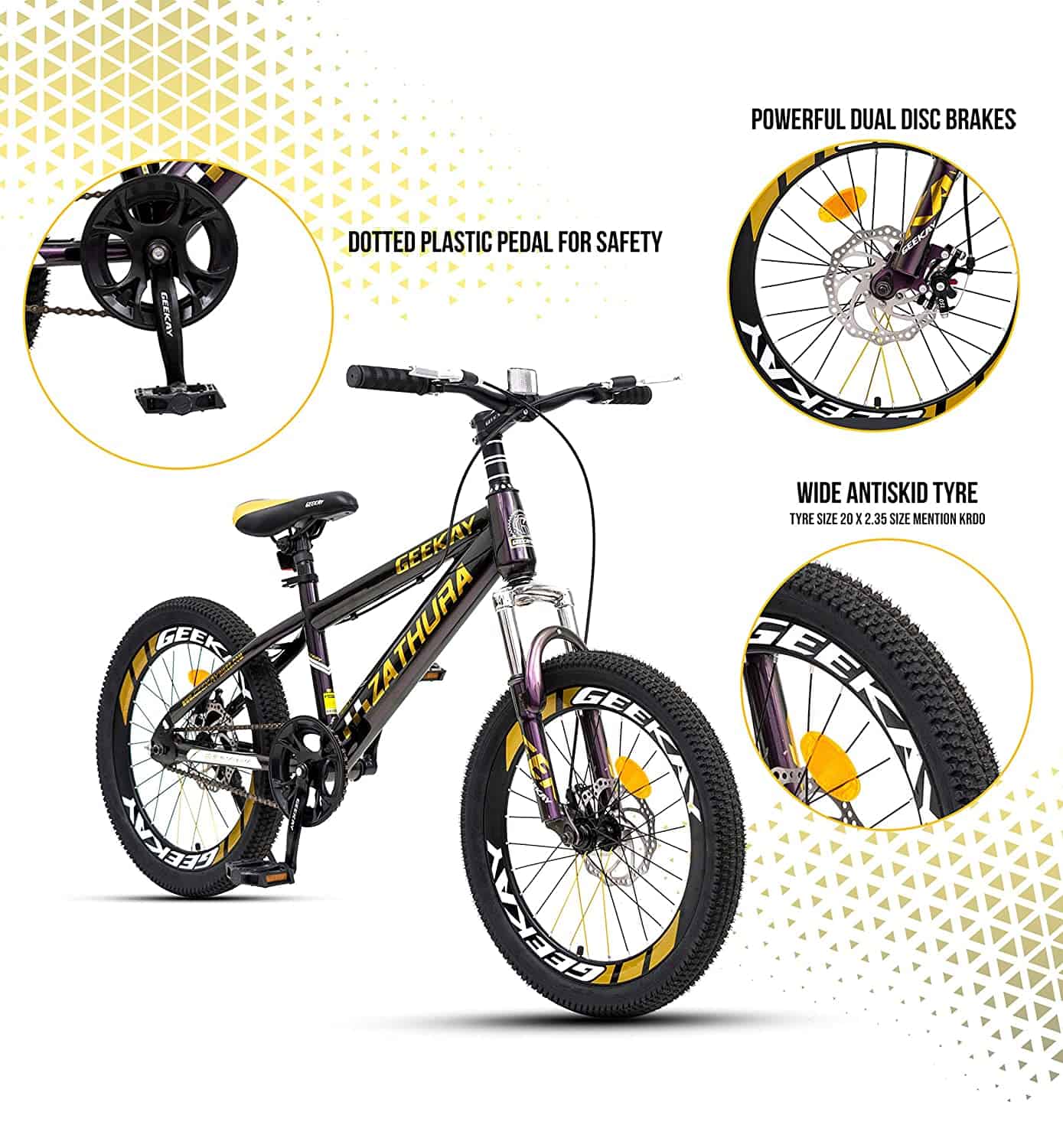 Geekay Kids Cycle 20 inch non gear wheel for boys girls Bicycle | Single Speed bmx kids mountain bike for 7 to 10 year | Ideal height 3'9" to 4'.3" kids | Latest 2 Tone Sparkle Color Finish 85% Fitted bike | Zathura 20" Unisex Cycle